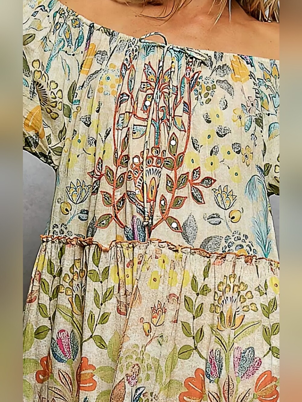 POL Off-Shoulder Floral Tiered Maxi Dress - Yellow, Blue, Green - Picture 3 of 4